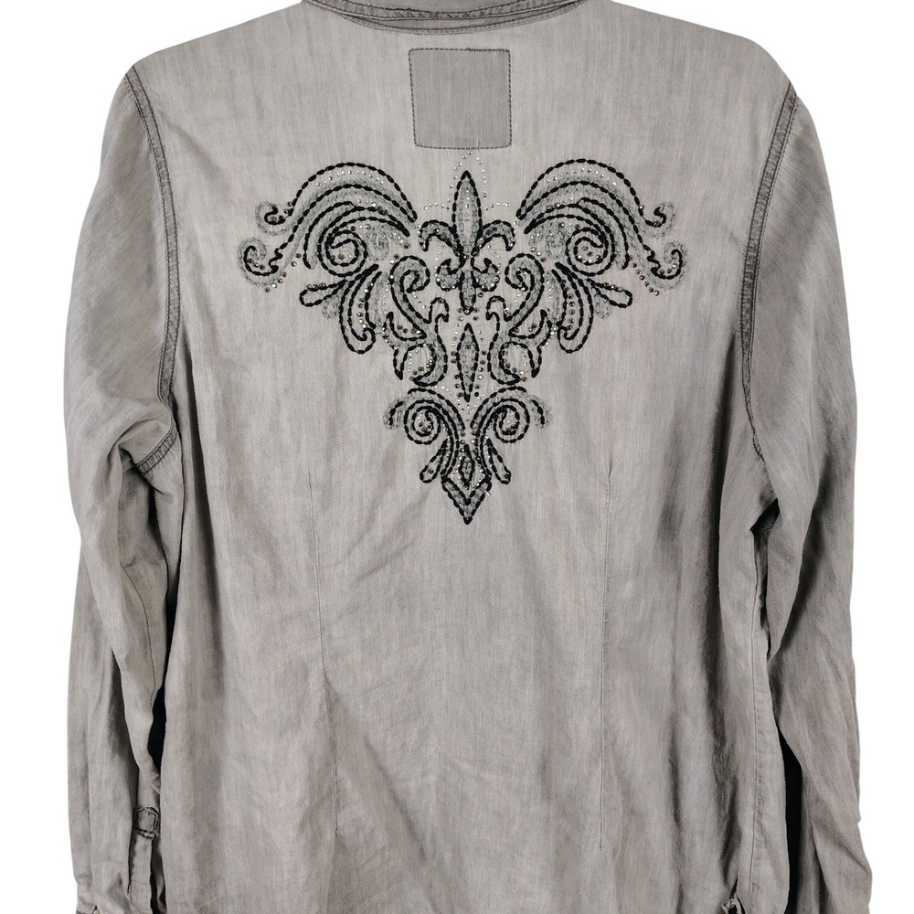 Maurices Womens SZ 2 Button Down Shirt Gray Cotton Fleur De Lis Rocker Y2K